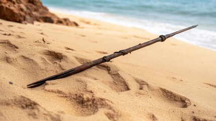 Ancient harpoon resting on sandy beach, partially buried with weathered wooden handle and rusted metal tip, evoking historical maritime heritage and archaeological significance.
