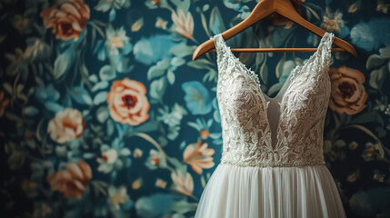 Beautiful bridal gown displayed against a floral patterned wall in a serene dressing area during daylight hours. Generative AI