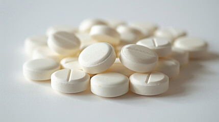 Pile of white round tablets, close-up of medical pills on a clean white background, healthcare and pharmaceutical concept
