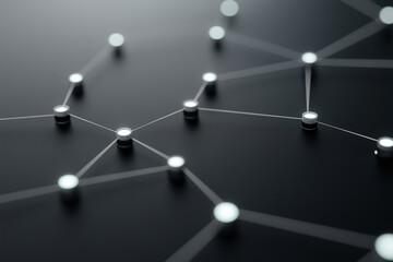 Minimalist representation of a connected network with glowing nodes and lines on a dark background, symbolizing data or communication links