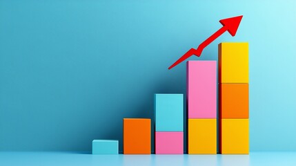business scaling concept. Colorful bar graph with an upward arrow on a blue background.