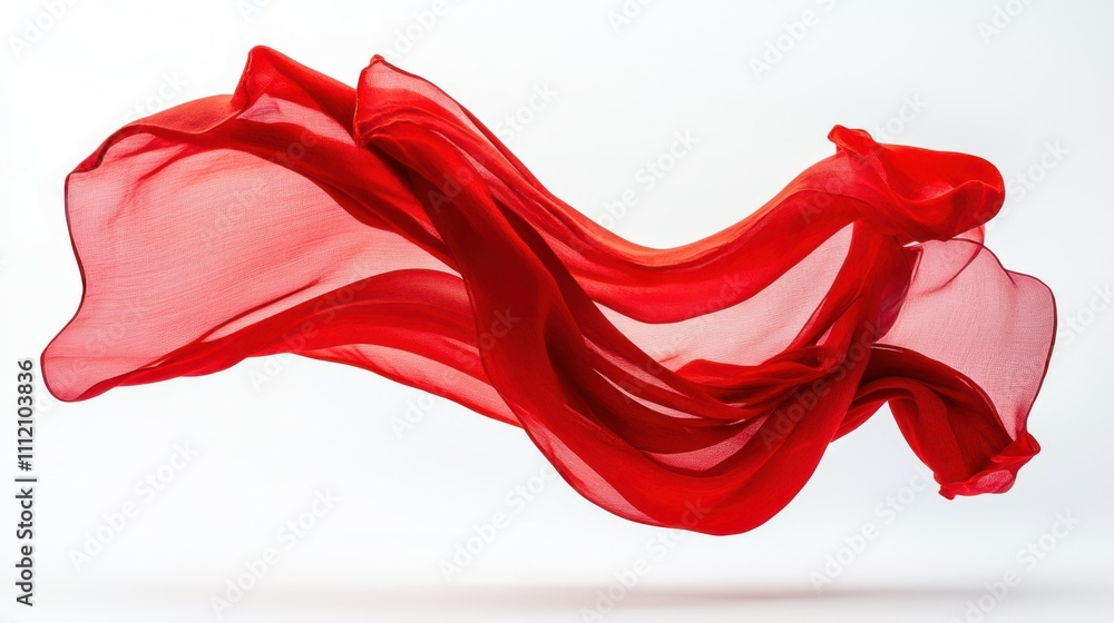 Poster floating red fabric blowing isolate on white background