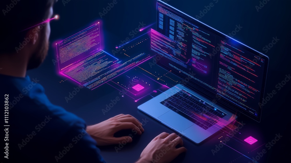 Aufkleber creative digital programmer manipulating holographic interfaces at night in a modern workspace