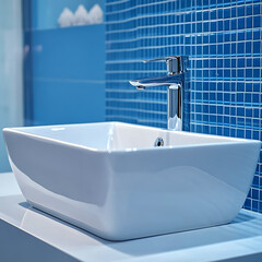 Fototapeta premium Modern White Vessel Sink with Chrome Faucet and Blue Tile Backsplash. Close-up of a sleek, rectangular white vessel sink with a chrome faucet, set against a vibrant blue mosaic tile backsplash.