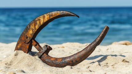 Fototapeta premium Ancient harpoon resting on sandy beach, partially buried with weathered wooden handle and rusted metal tip, evoking historical maritime heritage and archaeological significance.
