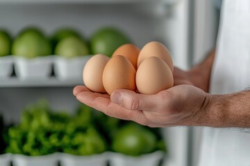 A person holds five eggs in one hand with fresh greens and green apples visible in the background, suggesting healthy ingredients and cooking themes.