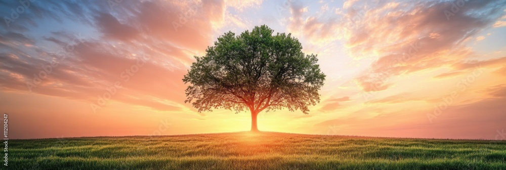 Aufkleber a solitary tree stands tall in an expansive field, illuminated by the warm hues of a stunning sunset