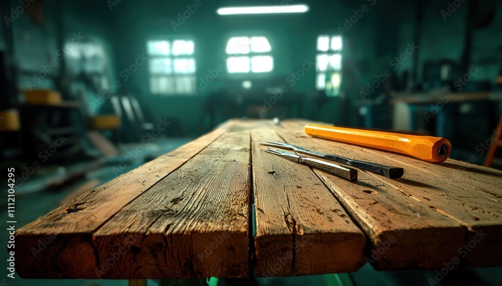 Poster a rustic wooden table in a workshop, featuring tools like a ruler and small instruments, illuminated