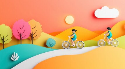 Two people cycling through a vibrant, colorful landscape with rolling hills, AI