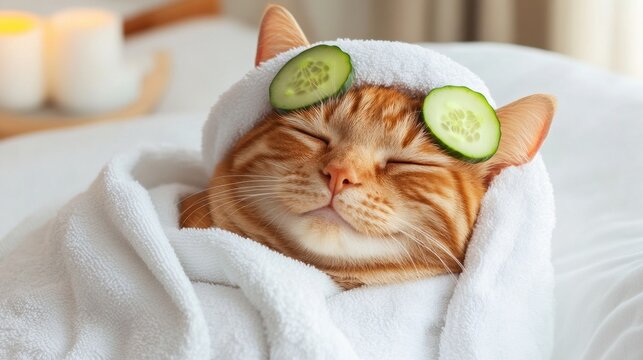 A relaxed ginger cat enjoys a spa day with a towel and cucumber slices on its eyes, AI
