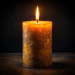 Big old candle on stone table. Big burning candle in the dark
