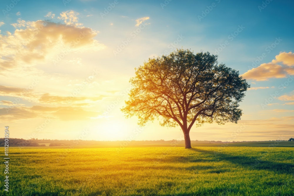 Aufkleber a solitary tree stands in an expansive field, silhouetted against a colorful sunset sky, offering un