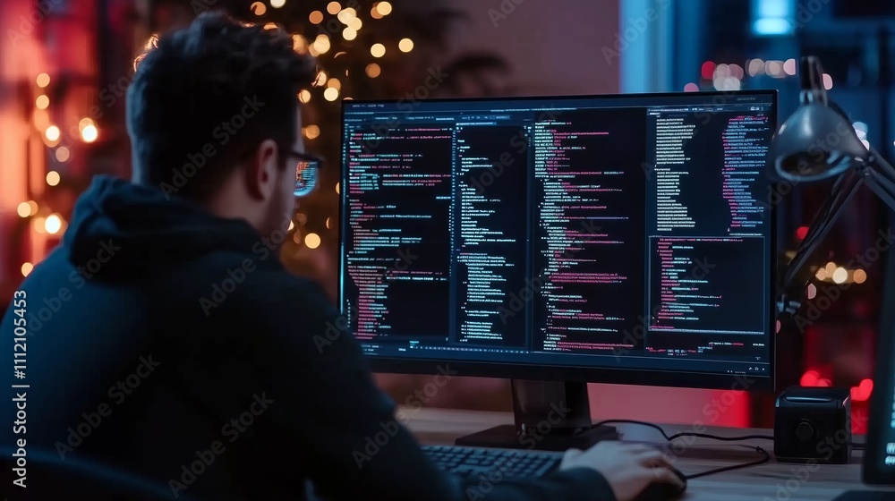 Poster developer working late into the night on coding tasks with vibrant screens and festive lights in the