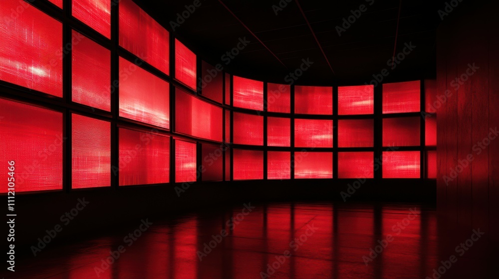 Poster futuristic display of red screens in dark environment
