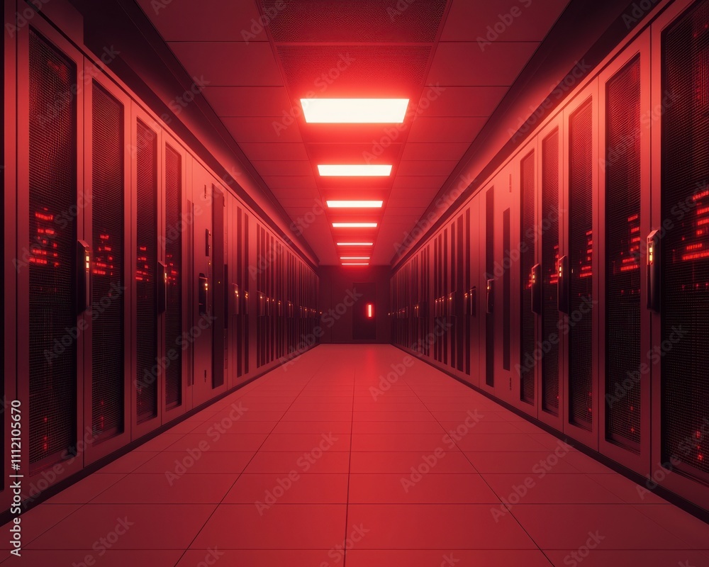 Poster a dimly lit data center corridor with red lighting, lined with rows of server racks, creating a high