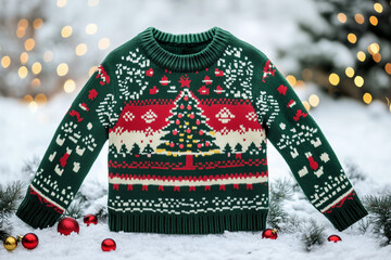 Warm knitted holiday sweater, vibrant colors and patterns