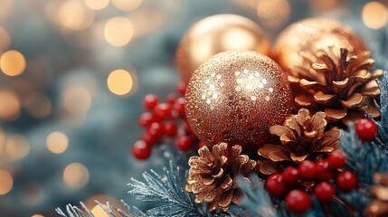 Festive Christmas Ornament Closeup Gold Pine Cones Berries