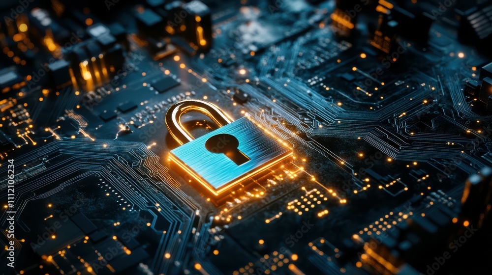 Poster globe with digital padlock over circuit board, dark background. concept of global cybersecurity and 