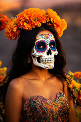 Katrina Kalavera in a colorful dress with a traditional skull mask and marigolds