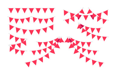 Garland with triangle red flags set. Decorative bunting background for party, holiday carnival, birthday celebration, festival decoration. Hanging flags. Vector illustration
