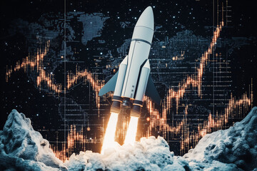 Naklejka premium Rocket launch on a futuristic landscape with data visualization in the background