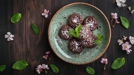 Delicious Chocolate Cookies on a Green Plate Surrounded by Mint