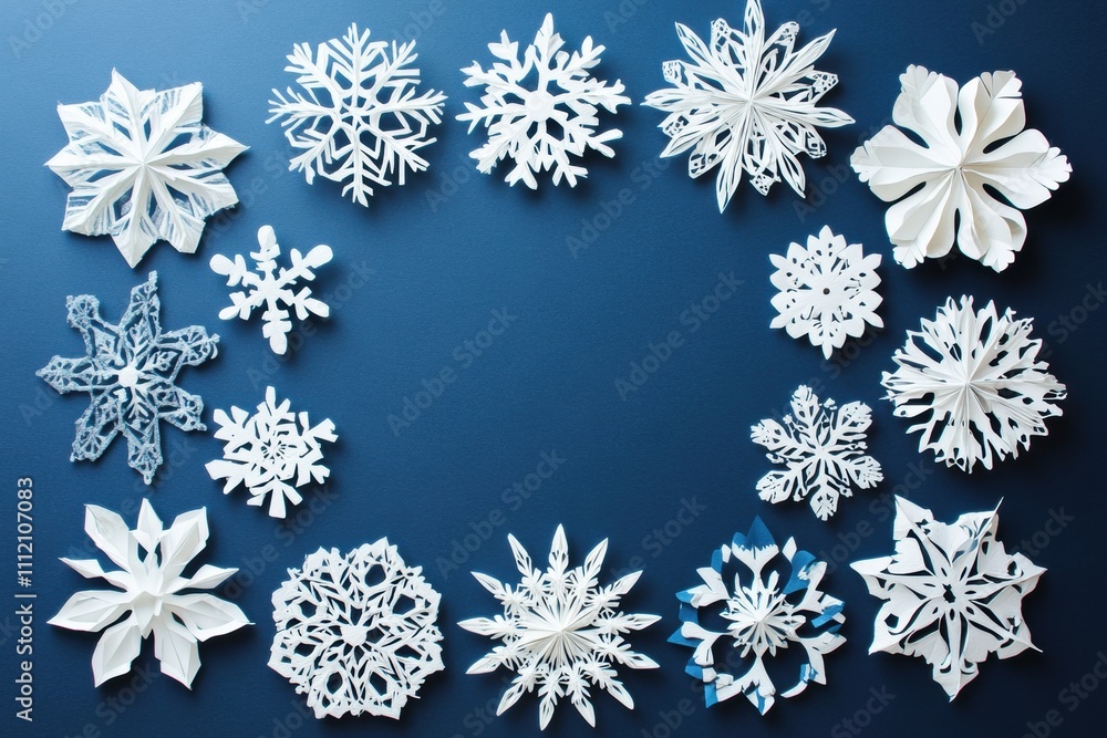 Poster intricate white paper snowflakes are creatively arranged on a blue surface, leaving ample room for p