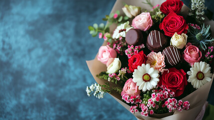 funny pink flowers & chocolate candies bouquet isolated over blue background; concept of wedding, mother's day, valentine's day, anniversary or other occasion for love celebration