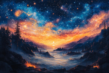 Fototapeta premium Starry Night Over Misty Mountain Valley Landscape