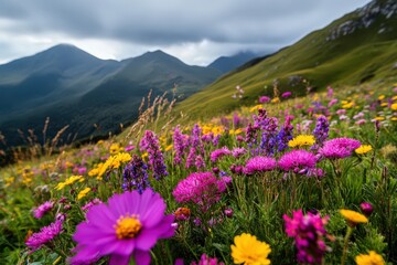 Obraz premium A stunning landscape featuring a vibrant mountain meadow filled with colorful wildflowers, capturing the serene beauty of nature and evoking feelings of tranquility and joy.