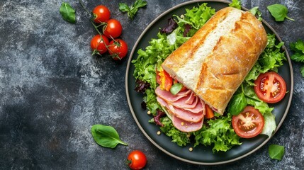 Fresh Sandwich with Ham, Tomato, Lettuce, and Herbs on Dark Surface