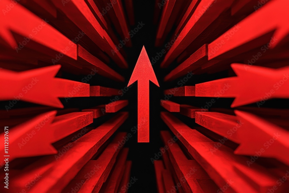 Poster an abstract image featuring a central upward arrow surrounded by multiple red arrows, conveying move