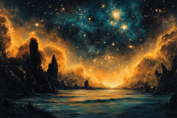 Celestial Seascape Golden Nebula Rocks And Stars