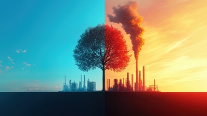 Obraz premium A striking visual contrast between nature and industry, showcasing a tree on one side and a factory emitting smoke on the other, symbolizing environmental issues.