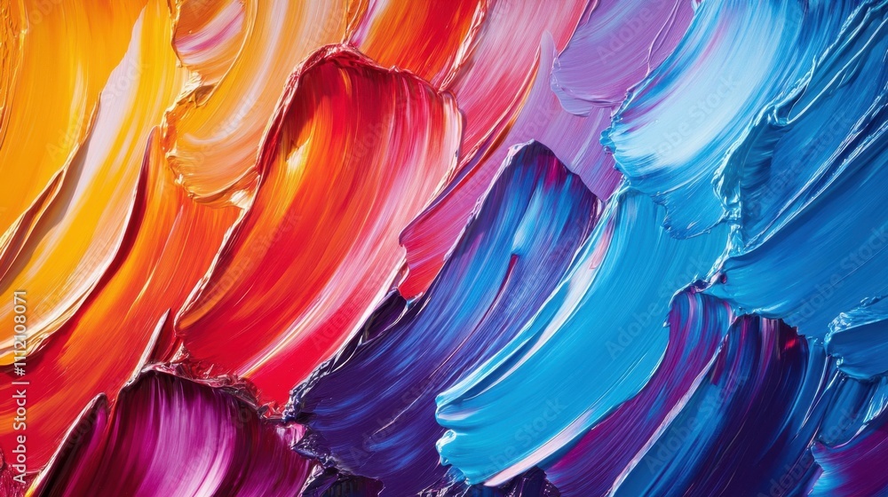 Poster a captivating gradient of oil paint strokes transitioning smoothly from fiery reds and oranges to co
