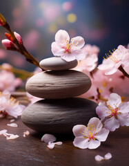 Zen stones surrounded by delicate cherry blossoms