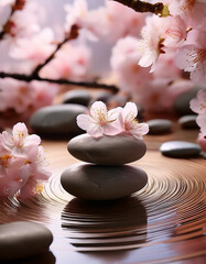 Zen stones surrounded by delicate cherry blossoms