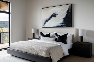 modern bedroom design, chic monochrome bedroom featuring a king-sized bed, textured bedding, modern nightstands, and an oversized abstract painting