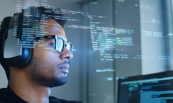 Focused Programmer:  A young man deeply engrossed in coding, illuminated by the glow of his computer screens.