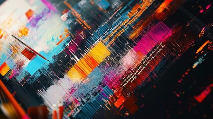 A close-up of colorful generative art visualizations displayed on a laptop screen, with lines of code running in the background, surrounded by artistic tools like brushes and sketches