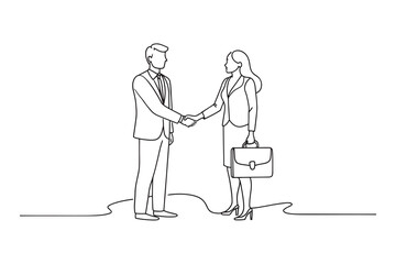  Businesswoman shaking hands with new business partner Continuous line art flat vector illustration.