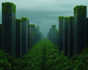 Fototapeta premium A lush, green cityscape where skyscrapers are overgrown with vegetation, blending urban life with nature in a serene and futuristic environment.