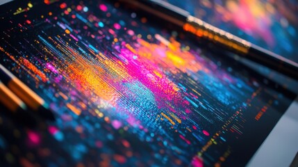 A close-up of colorful generative art visualizations displayed on a laptop screen, with lines of code running in the background, surrounded by artistic tools like brushes and sketches