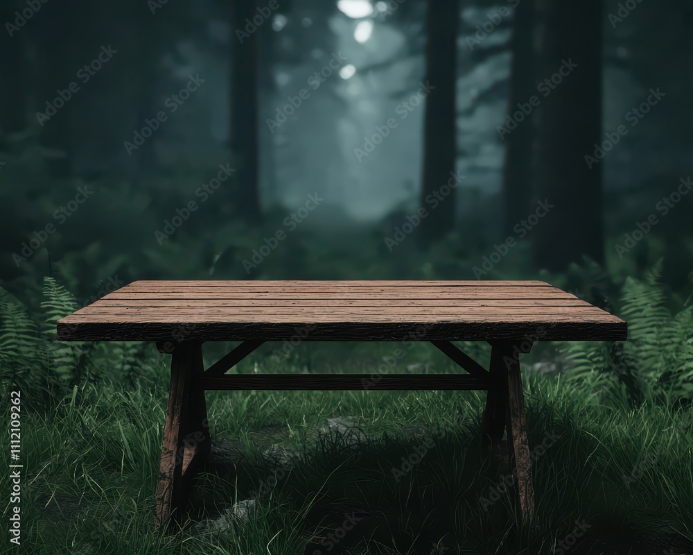 Poster a rustic wooden table set in a misty forest, surrounded by lush greenery, creating a serene and tran