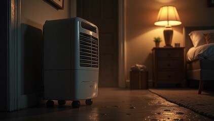 A dehumidifier positioned in a damp room, diligently controlling moisture and preventing mold growth.