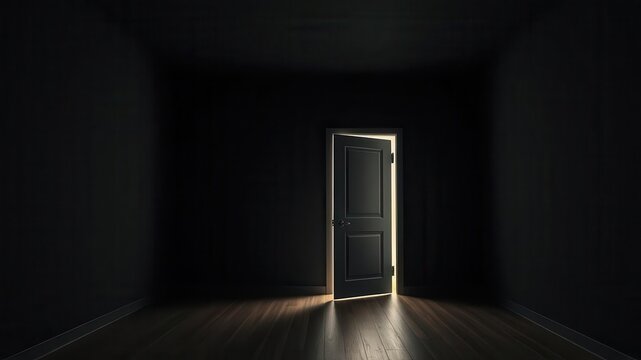 A bright, glowing door stands open in a dark room, beckoning curiosity and new beginnings, mysterious, intrigue