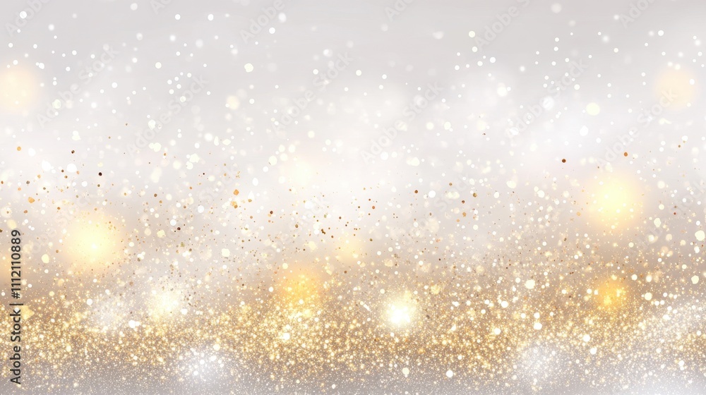 Poster glittering elegance: an abstract composition of shimmering gold and white particles and soft bokeh e