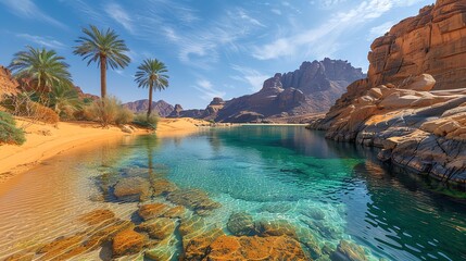 Obraz premium Oasis with palm trees, clear water, and rocky mountains under a blue sky.