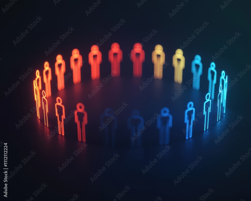 Poster connection and diversity concept. a digital representation of colorful human figures arranged in a c