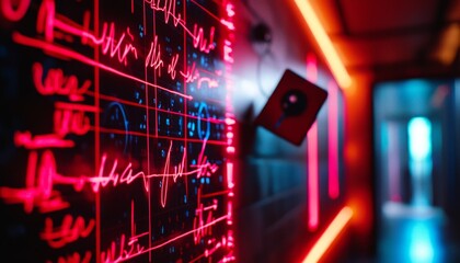 A close-up view of a neon-lit control panel featuring vibrant graphs and data displays.